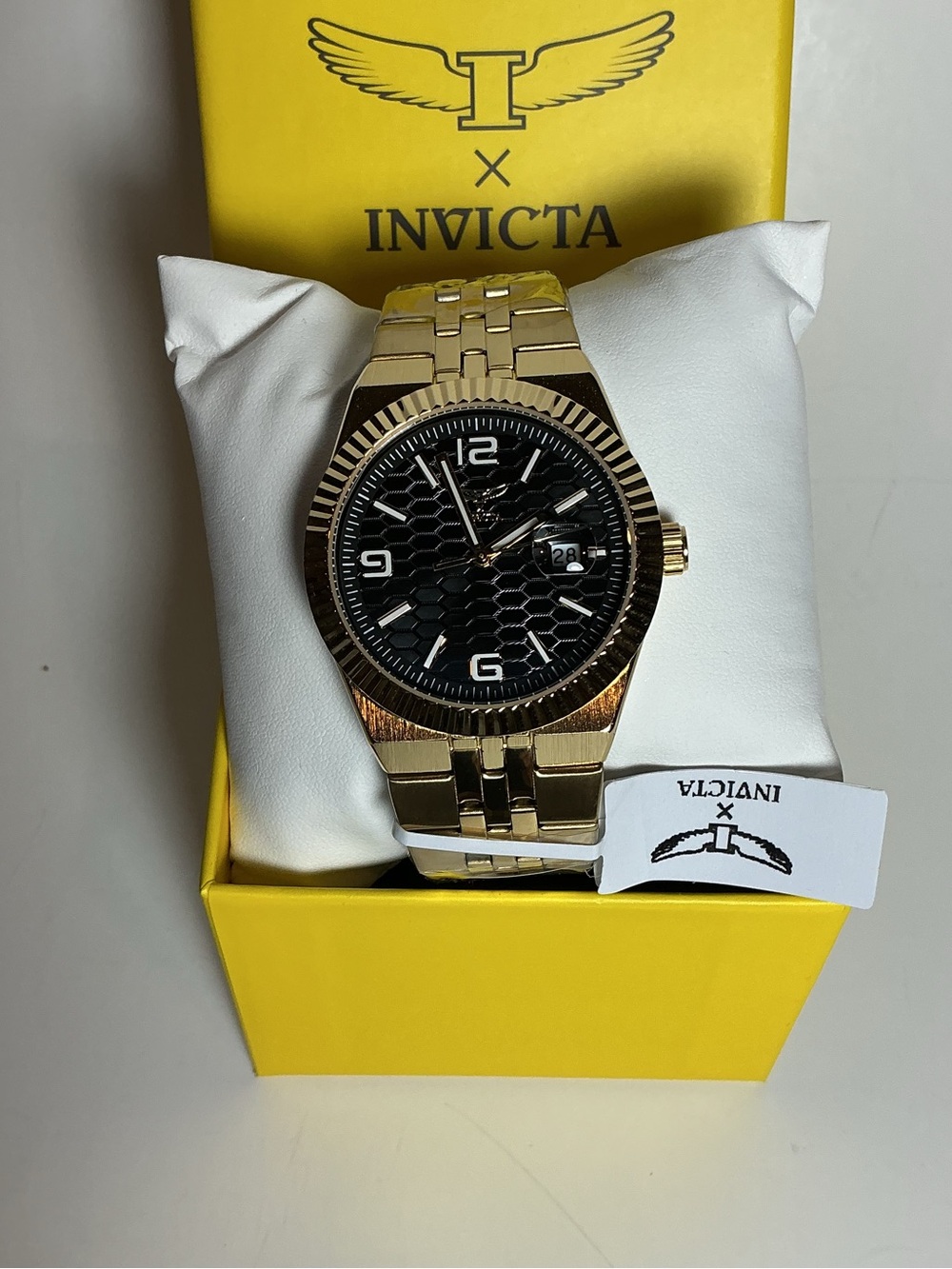 Invicta Gold Tone Watch with Black Textured Dial
